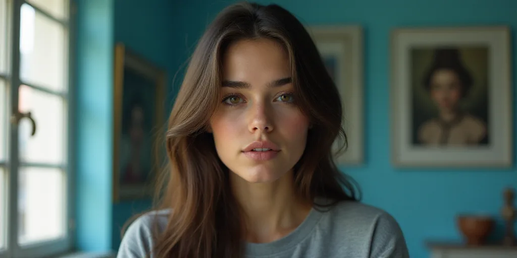 a woman with a bobble head and a painting behind her in a room with blue walls and a window, Adrienn