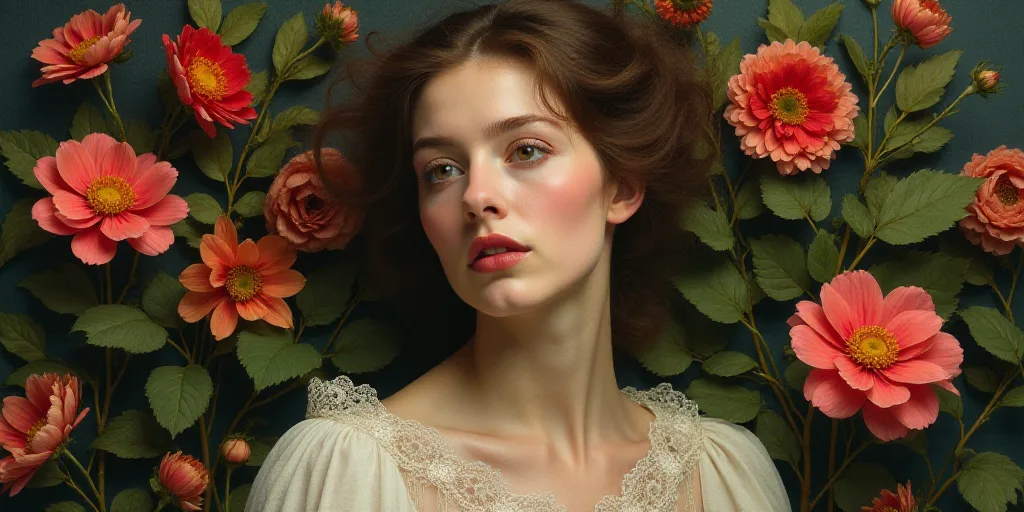 a woman with a face and a flowered background is shown in this artistic photo of a woman with a face