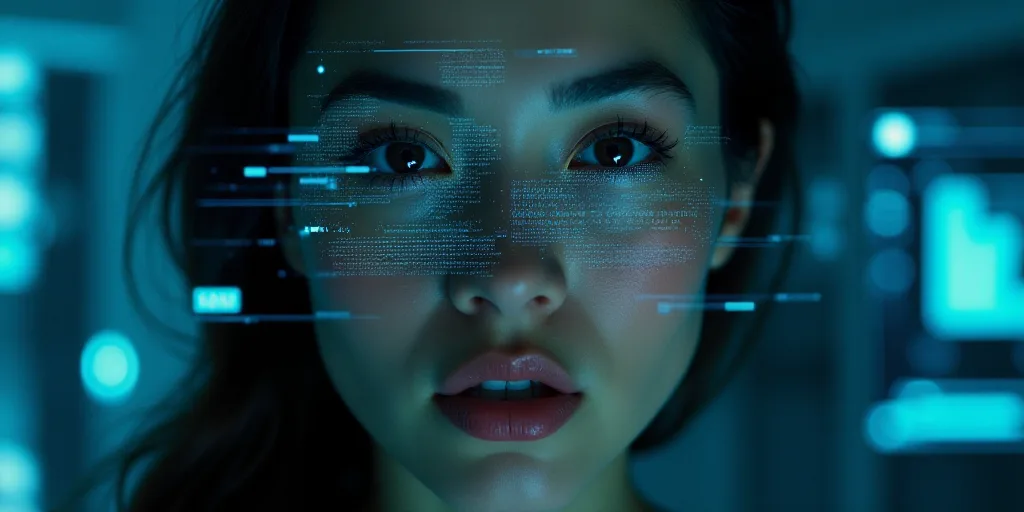 a woman with a futuristic interface in the background and a woman's face in the foreground with a gr