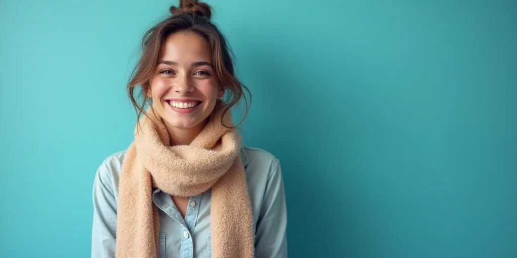 a woman with a scarf on her neck smiling at the camera with a blue background and a black and white