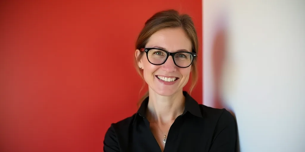 a woman with glasses and a black shirt smiles at the camera while standing in front of a red and whi