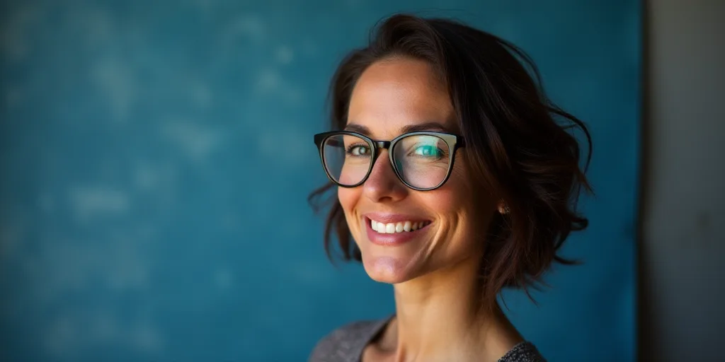 a woman with glasses and a pink lip is posing for a picture with a blue background and a gray backdr