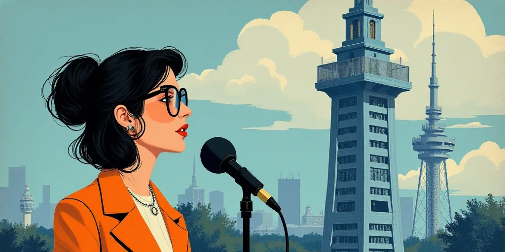 a woman with glasses is speaking into a microphone and a building with a radio tower in the backgrou