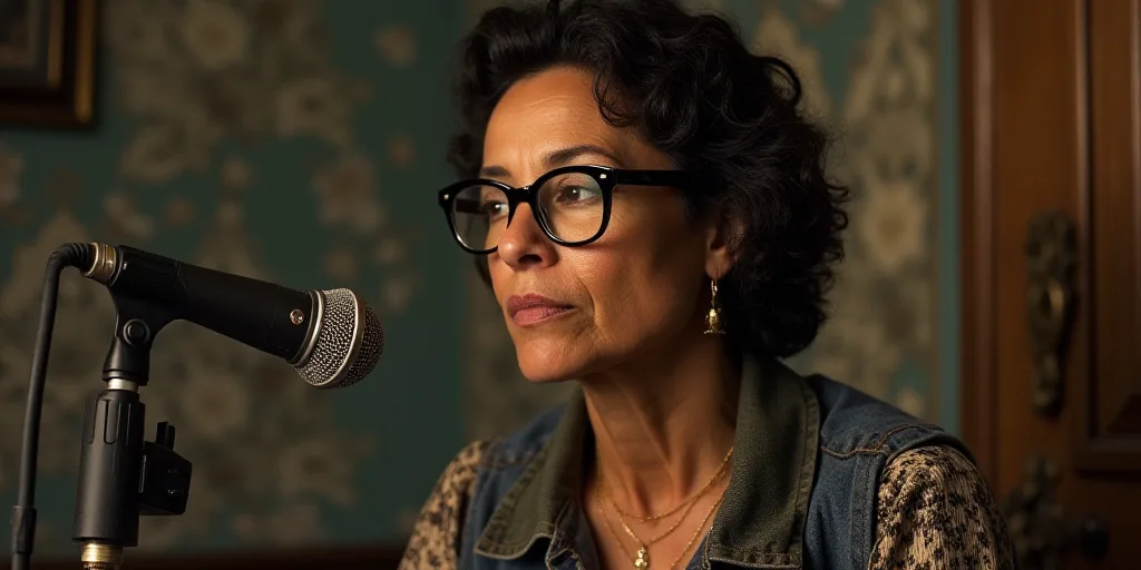 a woman with glasses sitting in front of a microphone and a microphone in front of her, with a micro