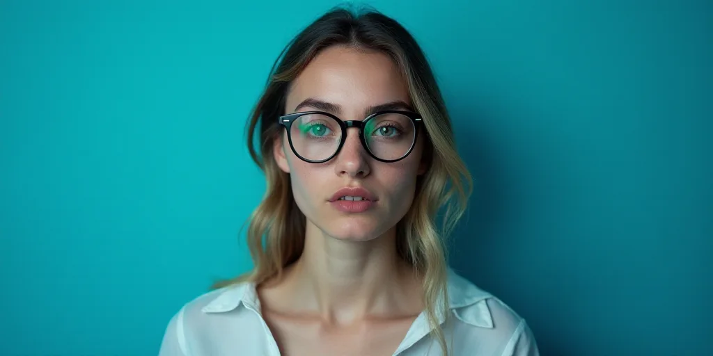 a woman with glasses standing in front of a blue background with a black and white photo of her face