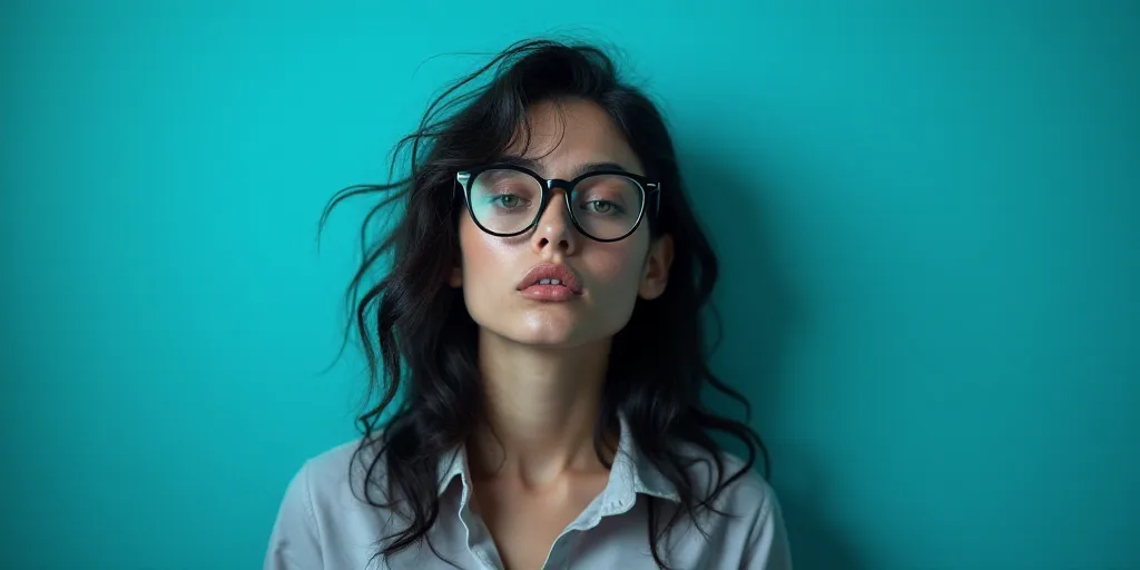 a woman with glasses standing in front of a blue background with a black and white photo of her face
