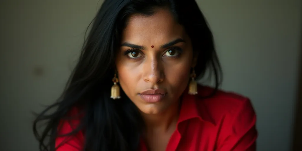 a woman with long black hair wearing a red shirt and earrings looking at the camera with a serious l