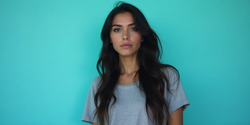 a woman with long hair and a gray shirt is standing in front of a blue background with a black and w