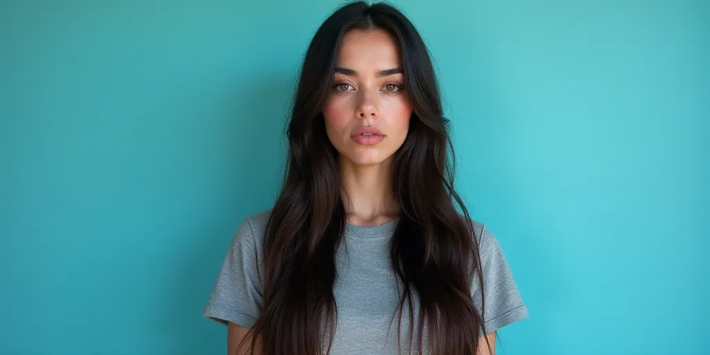 a woman with long hair and a gray shirt is standing in front of a blue background with a black and w