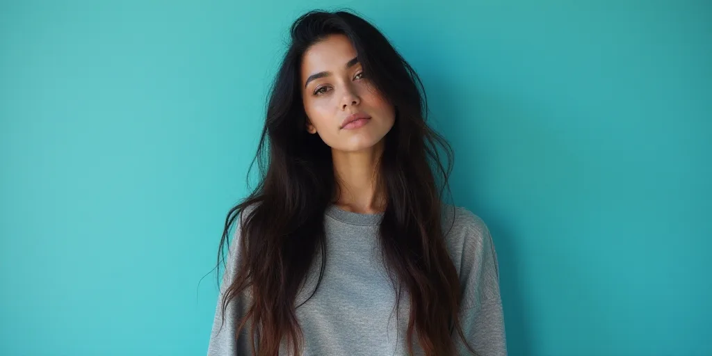 a woman with long hair and a gray shirt is standing in front of a blue background with a black and w