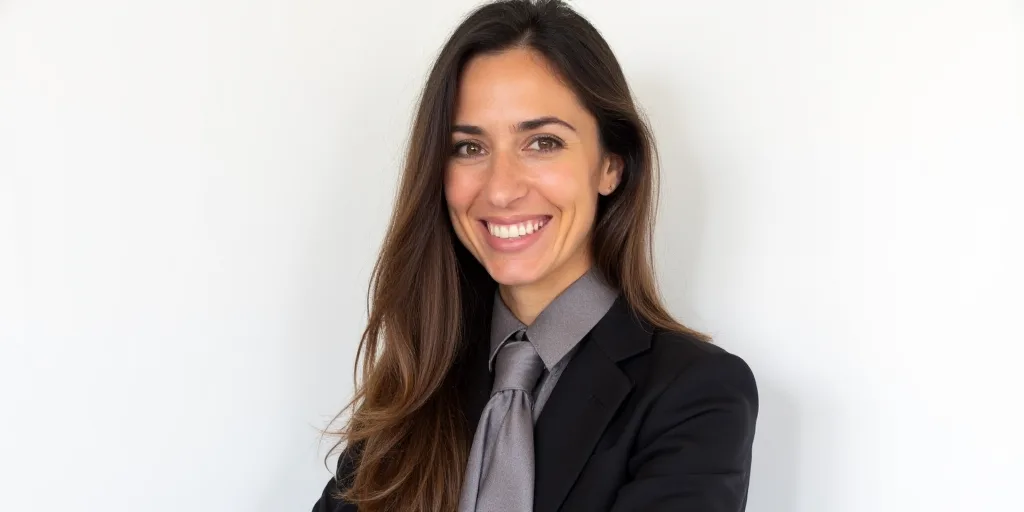 a woman with long hair and a tie on her neck is smiling at the camera with a white background, Eva G