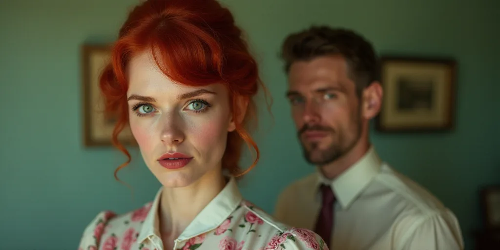 a woman with red hair and a tie on is looking at the camera and a man is behind her, Celia Fiennes,