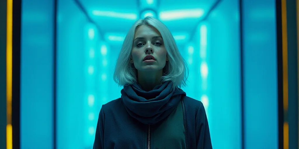 a woman with white hair and a scarf around her neck is standing in front of a blue background with a