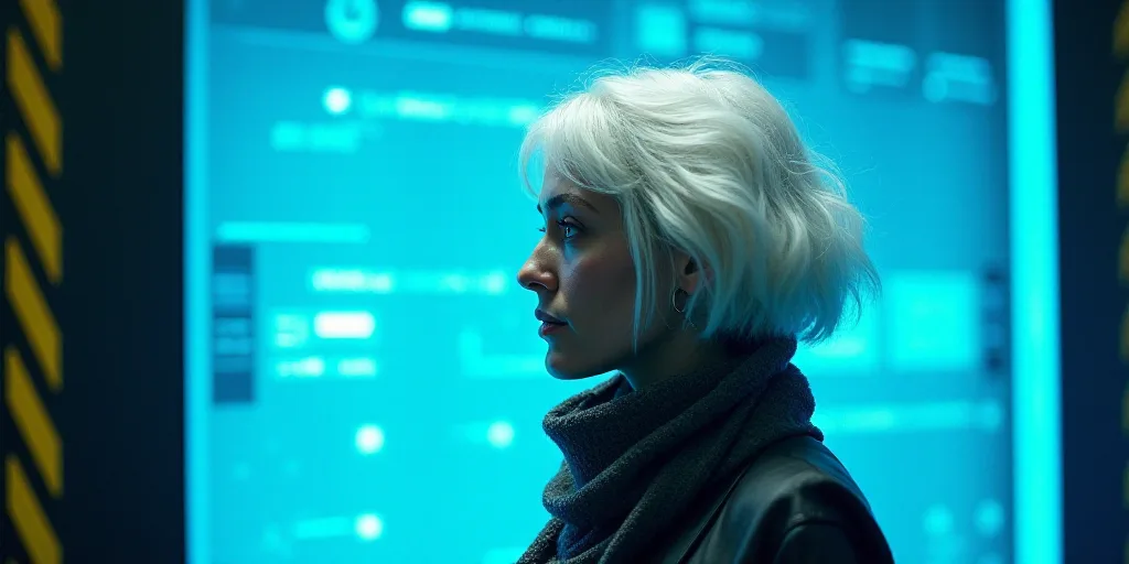 a woman with white hair and a scarf around her neck is standing in front of a blue background with a