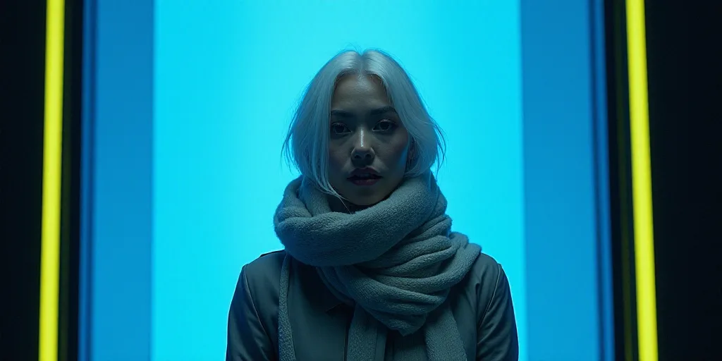 a woman with white hair and a scarf around her neck is standing in front of a blue background with a