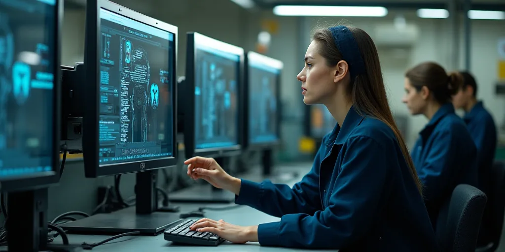 a woman working on a machine in a factory with other workers behind her looking at the machine scree