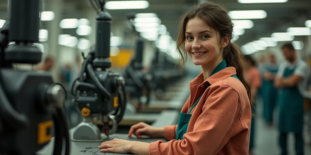 a woman working on a machine in a factory with other workers in the background looking on and smilin