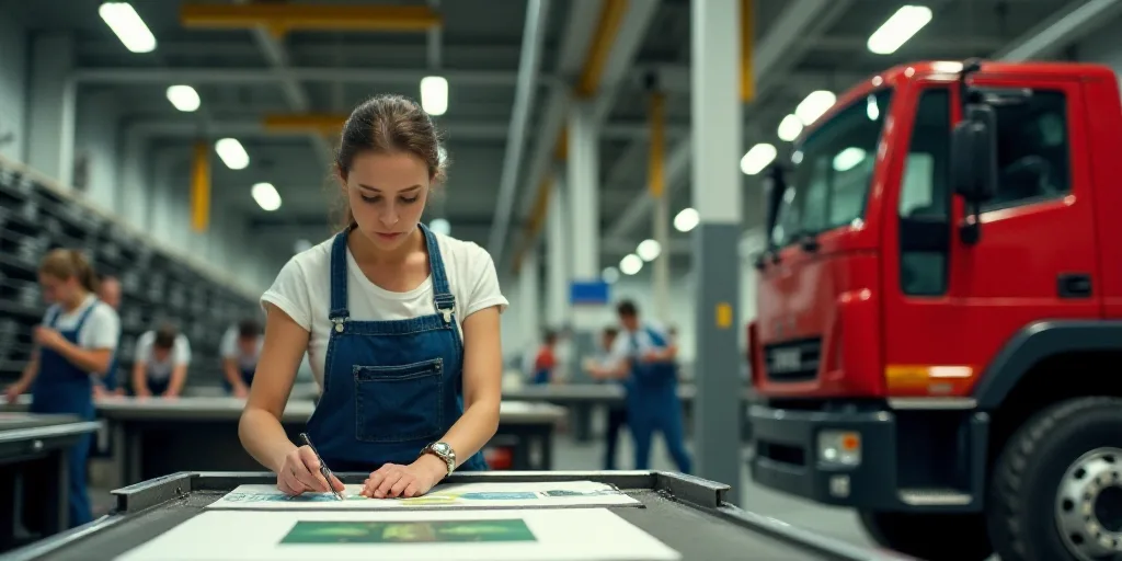 a woman working on a machine in a factory with other workers nearby and a red truck in the backgroun