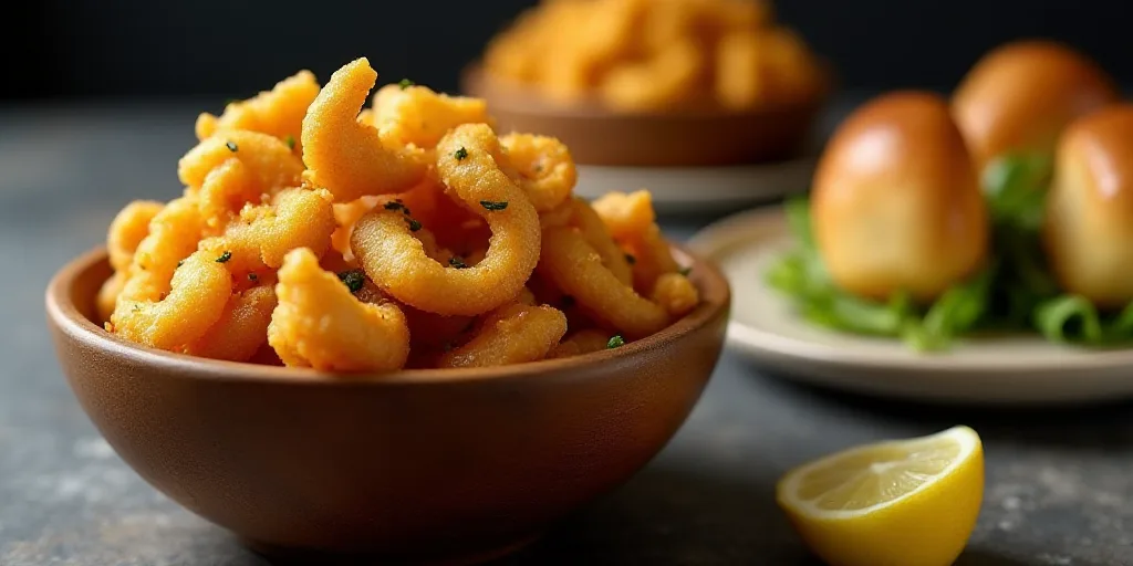 a wooden bowl filled with fried food next to other plates of food on a table top with a lemon wedge,