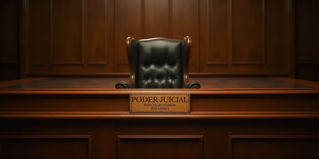 a wooden judge's bench with a wooden judge's chair in front of it and a wooden sign that says poder