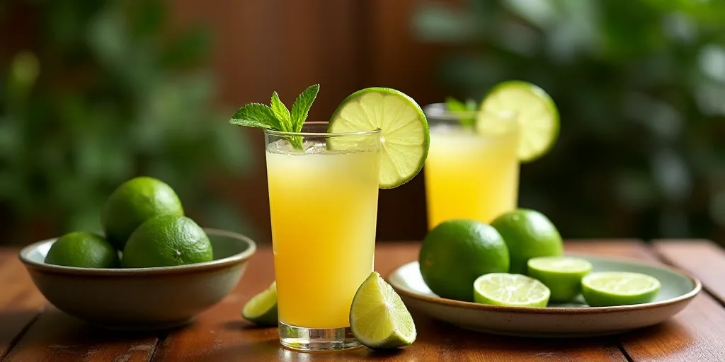 a wooden table topped with glasses of liquid and limes next to a bowl of limes and a plate of limes,