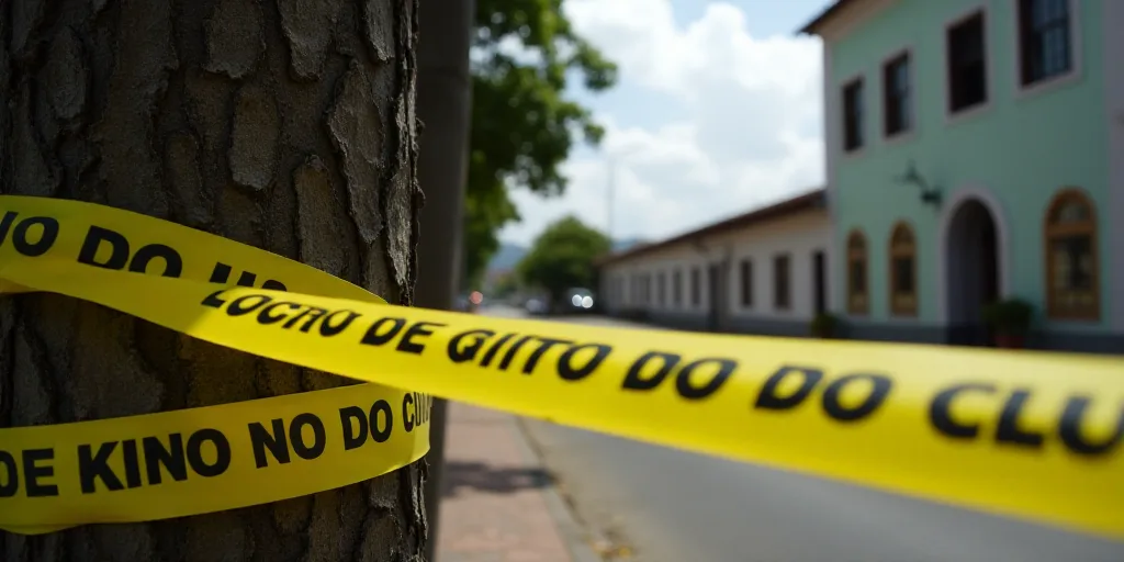 a yellow caution tape is in front of a tree and a building in the background with a building across