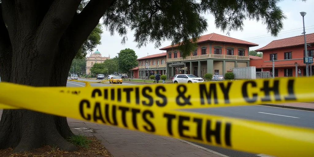 a yellow caution tape is in front of a tree and a building in the background with a building across