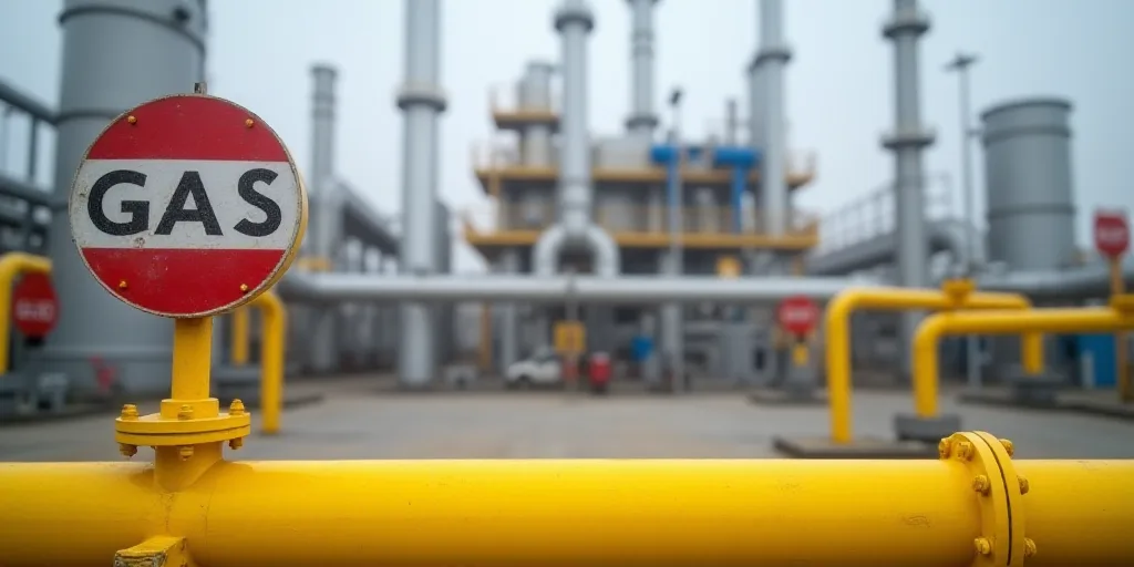 a yellow pipe is in front of a gas plant with pipes and pipes on it's sides and a red and white sign
