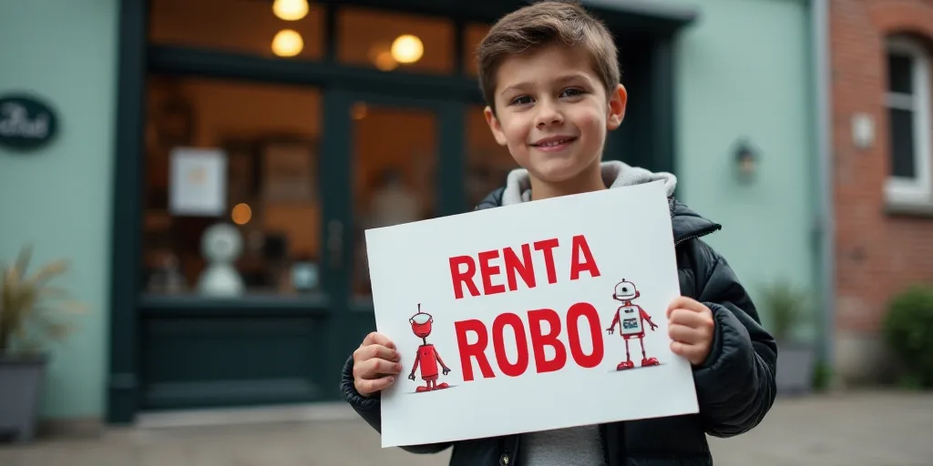 a young boy holding a sign in front of a building with a sign reading rent a robo and a sign reading