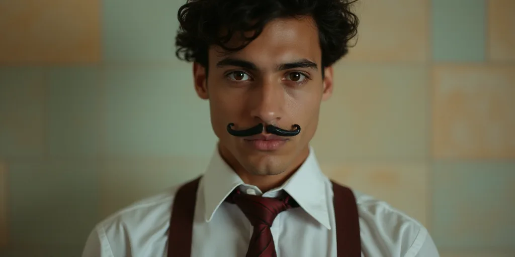 a young man with a fake nose and a fake tie on his neck and a fake tie on his neck, Fathi Hassan, po
