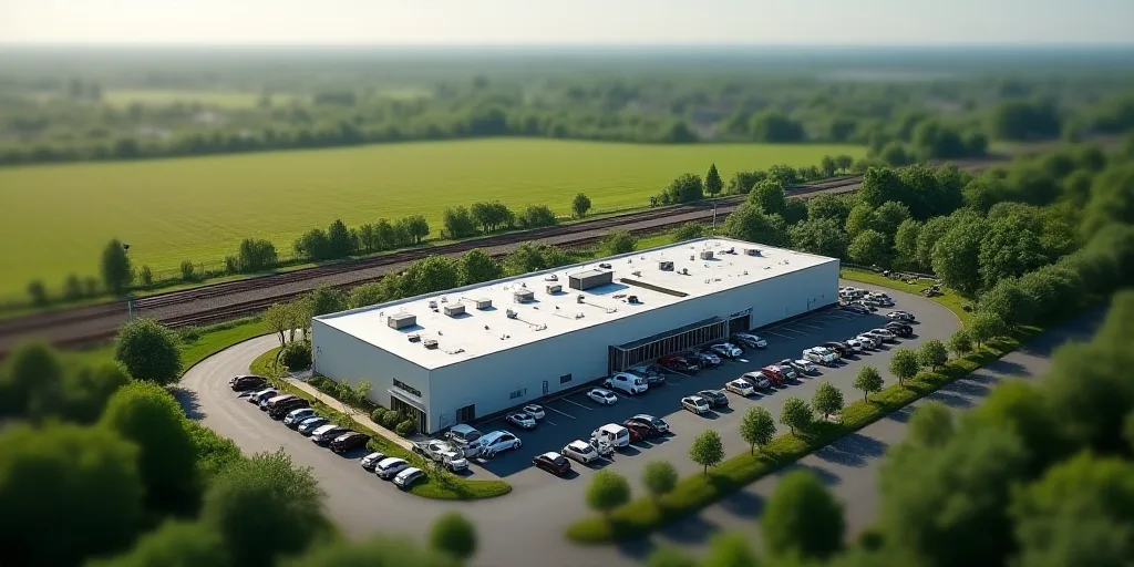 an aerial view of a building with a lot of parking spaces and a train track in the background and a