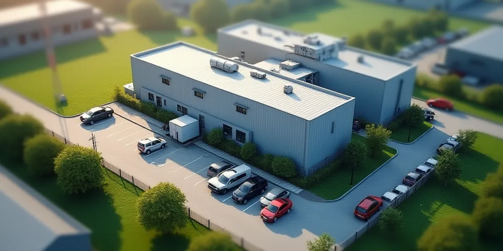 an aerial view of a factory building and surrounding buildings with a parking lot and a parking lot