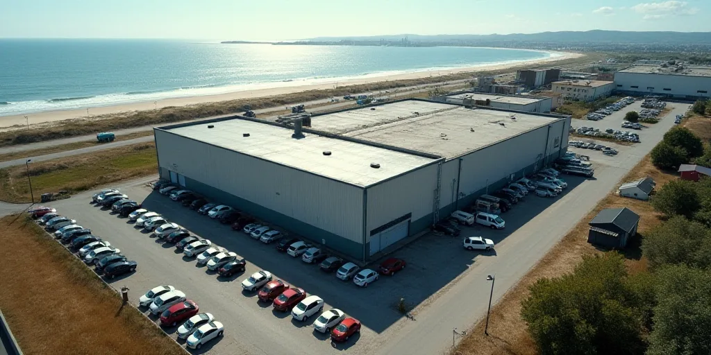 an aerial view of a factory building with a lot of cars parked in the lot behind it and a beach in t