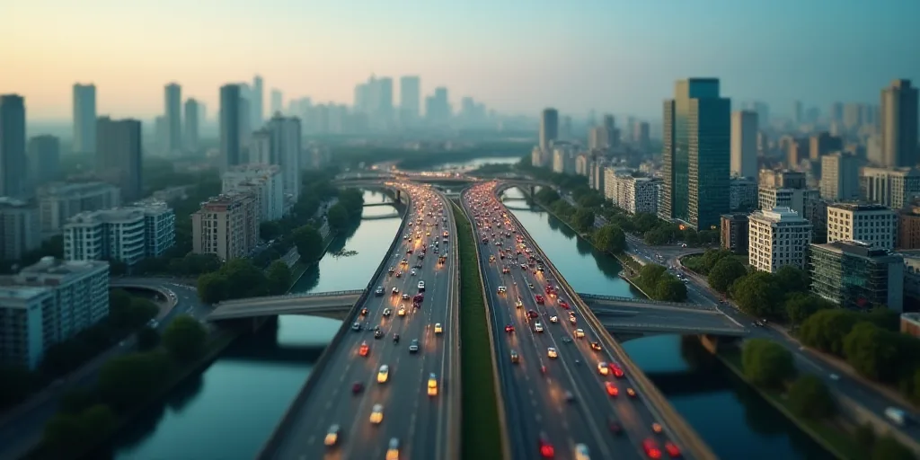 an aerial view of a highway and a bridge in a city with lots of traffic on it and a lot of buildings