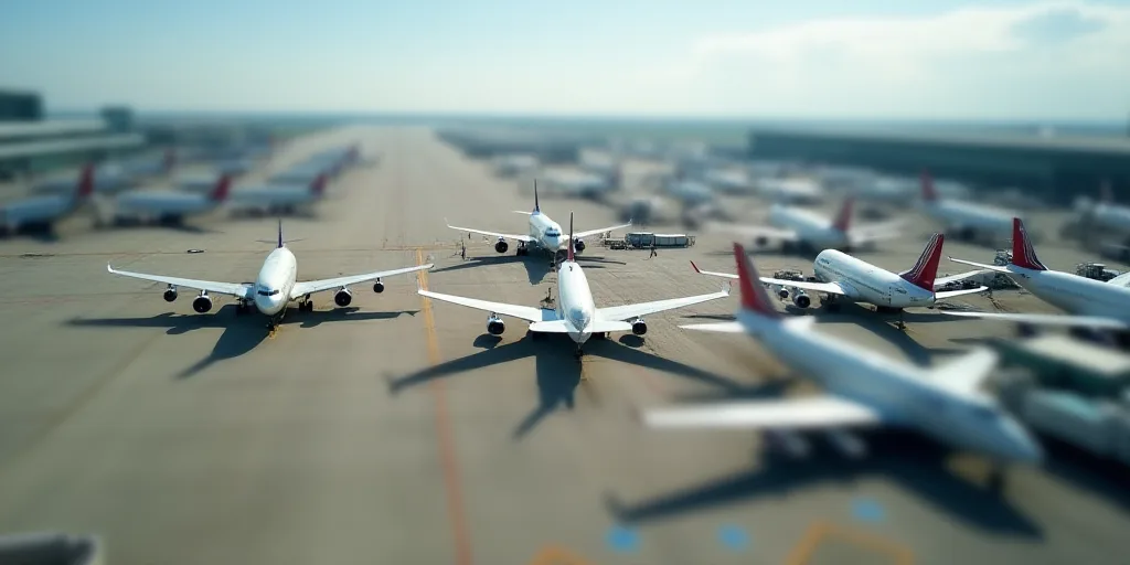 an aerial view of a large airport with many planes parked on the tarmac and in the background, a par