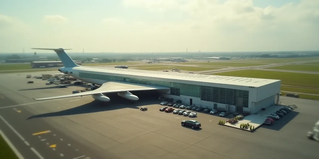 an aerial view of a large airport with cars parked in front of it and a building under construction