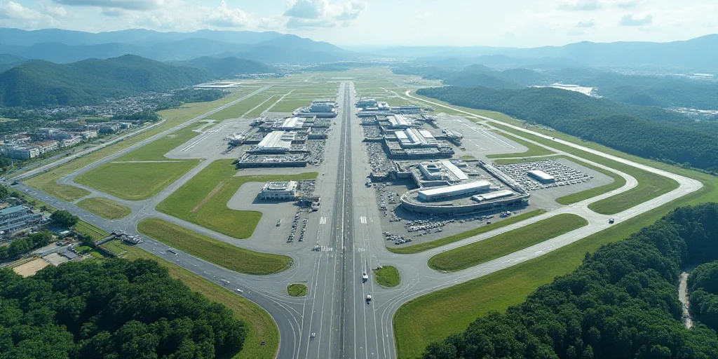 an aerial view of a large airport with many buildings and roads in it, and a few cars parked on the