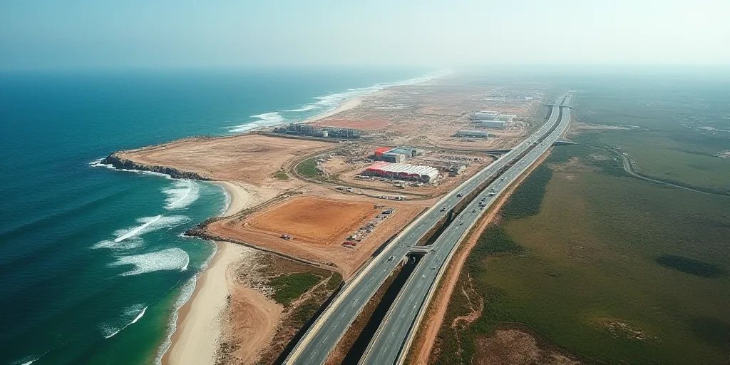 an aerial view of a large construction site near the ocean and a highway with a bridge in the middle