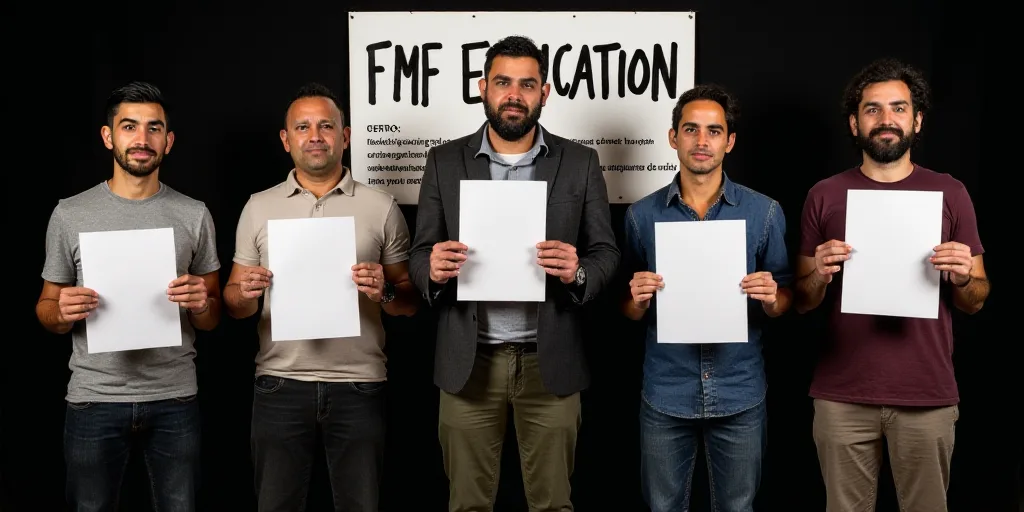 five men holding up papers in front of a black background with a white sign behind them that says fm