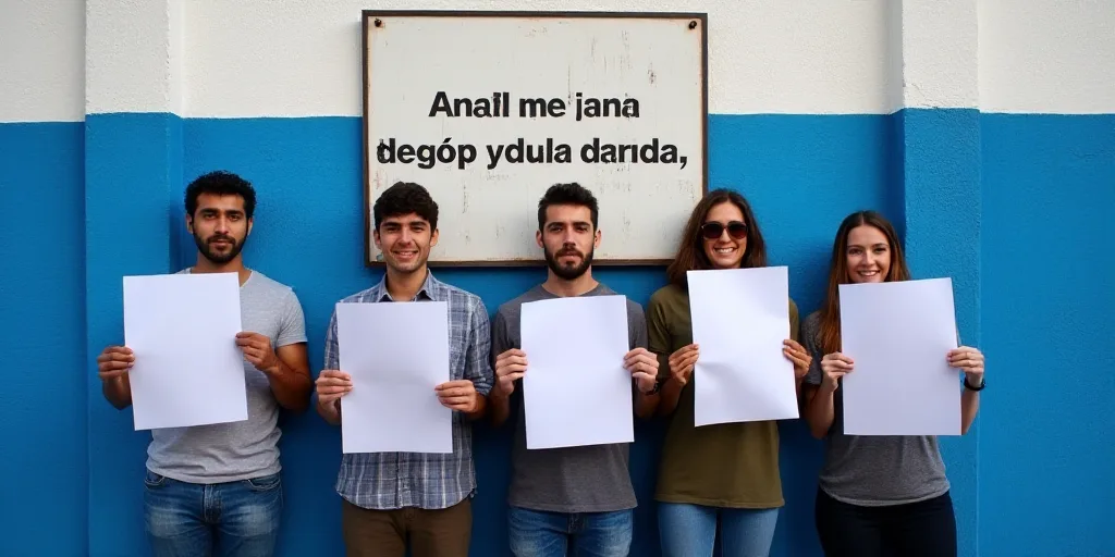 five people holding up their papers in front of a blue and white wall with a sign behind them that s