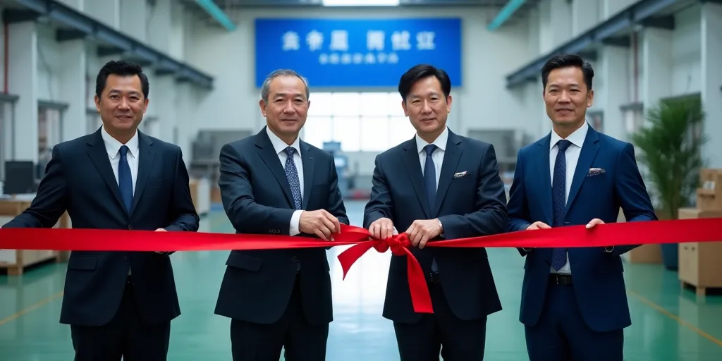 four men in suits and ties cutting a ribbon at a ribbon cutting ceremony in a factory with a backdro