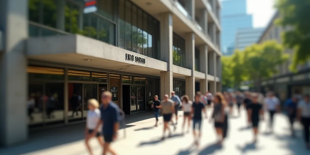 people walking in front of a bbc building in london, england, uk, on a sunny day with a sign above t
