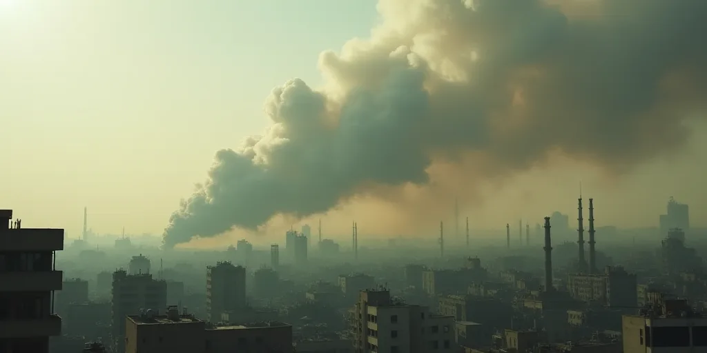 smoke billows from a building in the city of a city with buildings and smoke stacks in the backgroun
