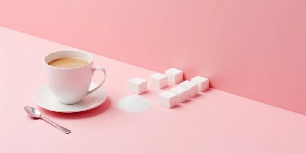 sugar and sugar cubes on a pink surface with a cup of coffee and spoon on the side of the table, Dor