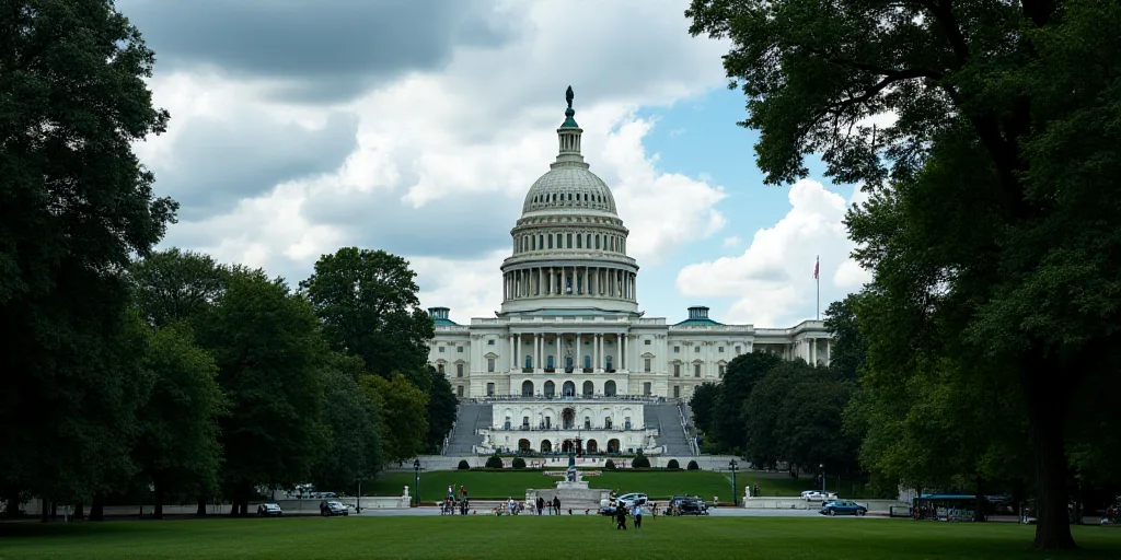 the capitol building is seen through the trees in washington, dc, on a cloudy day with a blue sky, A