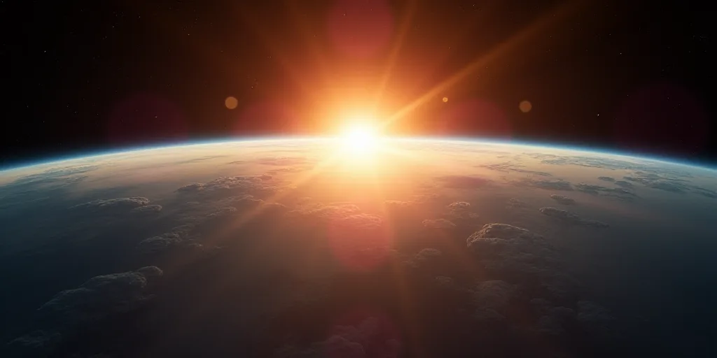 the sun shining over the earth from space shuttles window view of earth's horizon and horizon line,