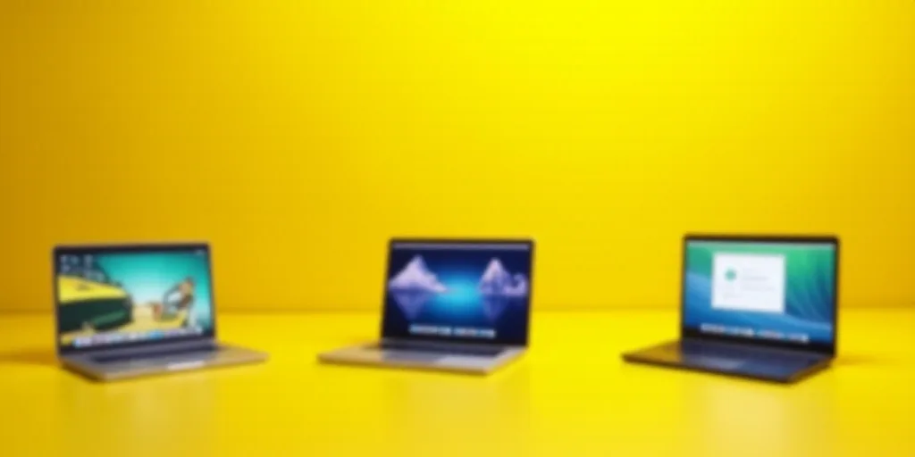 three laptops with different screens on them on a yellow background with a yellow background and a y