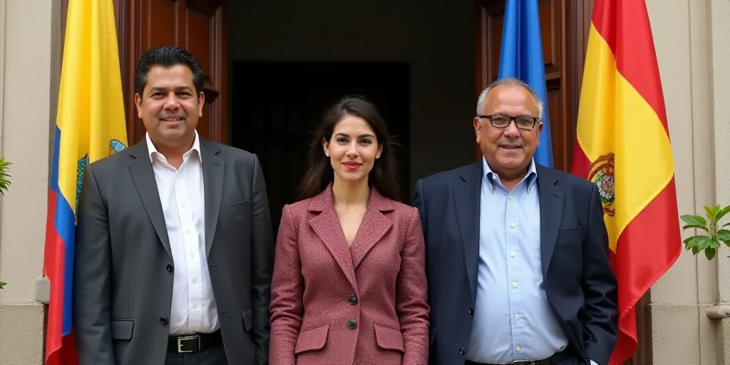 three men and a woman standing in front of a doorway with flags in the background and a doorway with