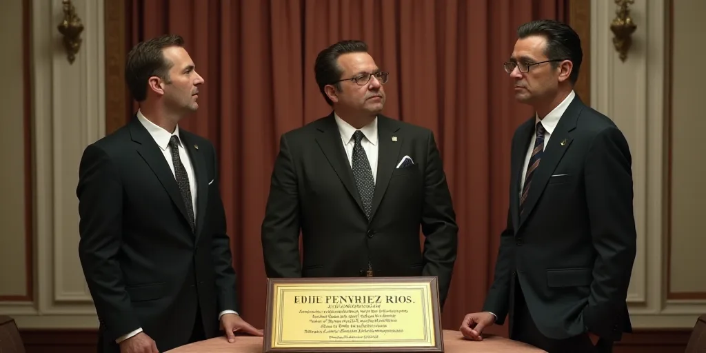 three men standing next to each other in a room with a table and a curtain behind them and a plaque