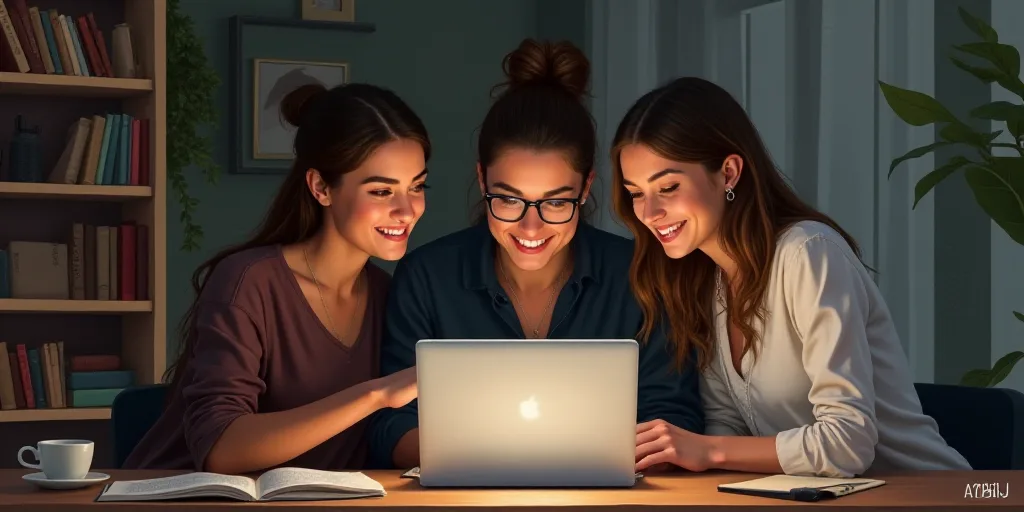 three people looking at a laptop screen together at a table in a room with a bookcase and a coffee c